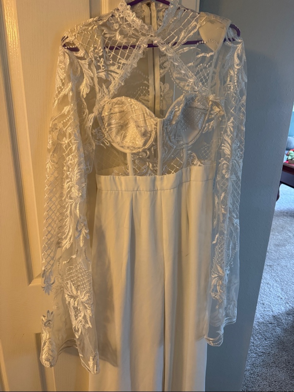 Ivory Lace Bodice romper jump suit with Sheer Long lace Sleeves